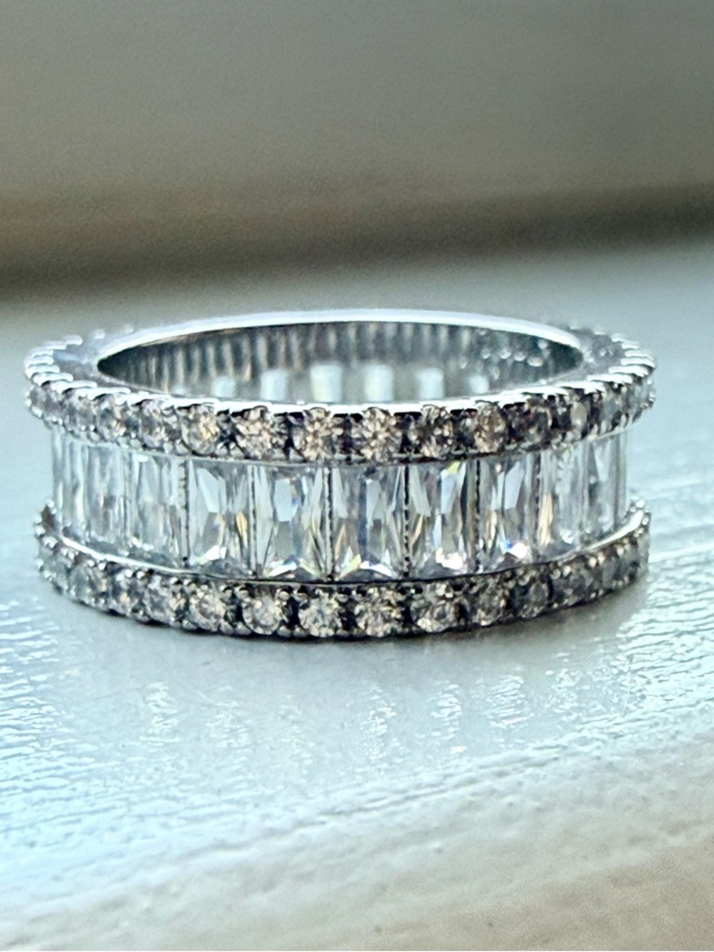 NEW! 14k white gold plated Elegant Clear Crystal Three-Row Eternty Band Ring